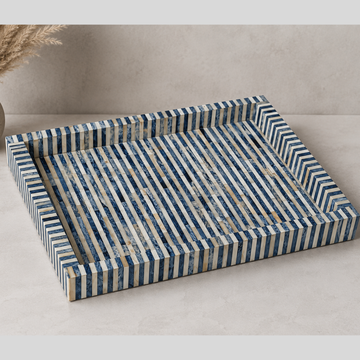 Handmade Blue Striped Bone Inlay Rectangular Tray | Decorative Serving Tray
