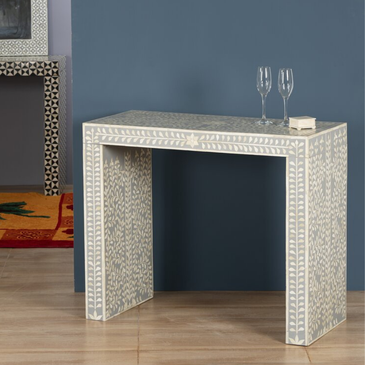 Handmade Grey Bone Inlay Console Table | Floral Pattern Accent Console