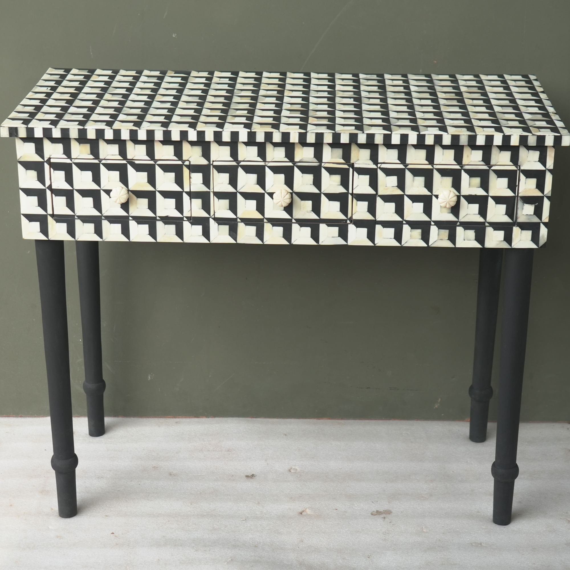 Handmade Black & White Bone Inlay Console Table with 3 Drawers