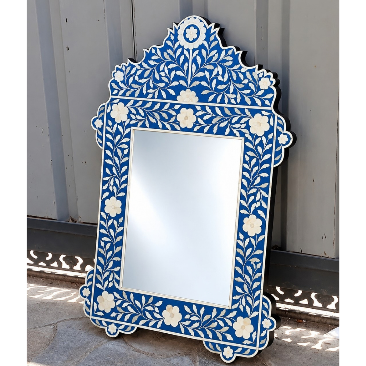 Handmade Blue Bone Inlay Mirror – Ornate Floral Rectangular Wall Mirror