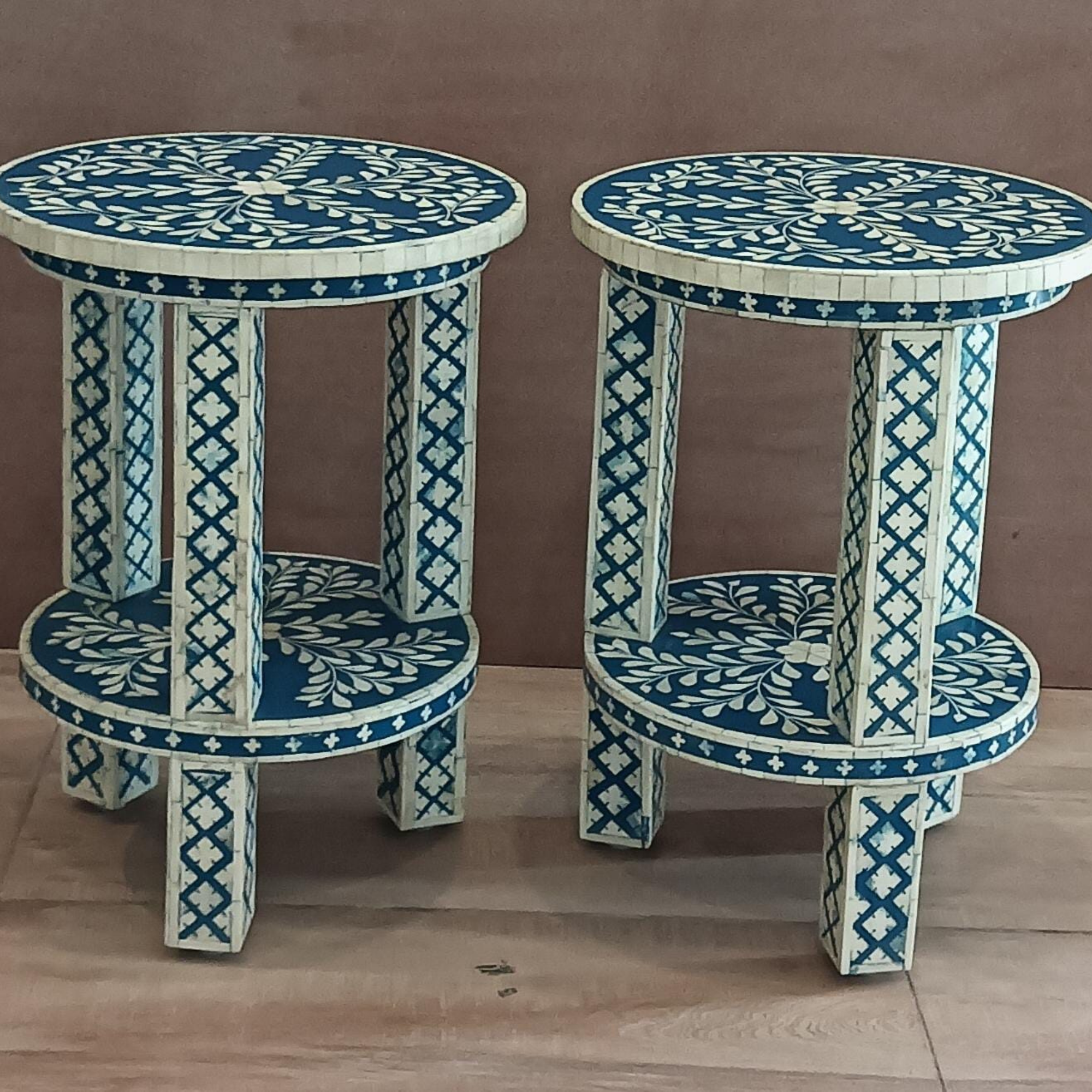 Blue Bone Inlay Round End Table Set of 2 | Handmade Accent Side Tables