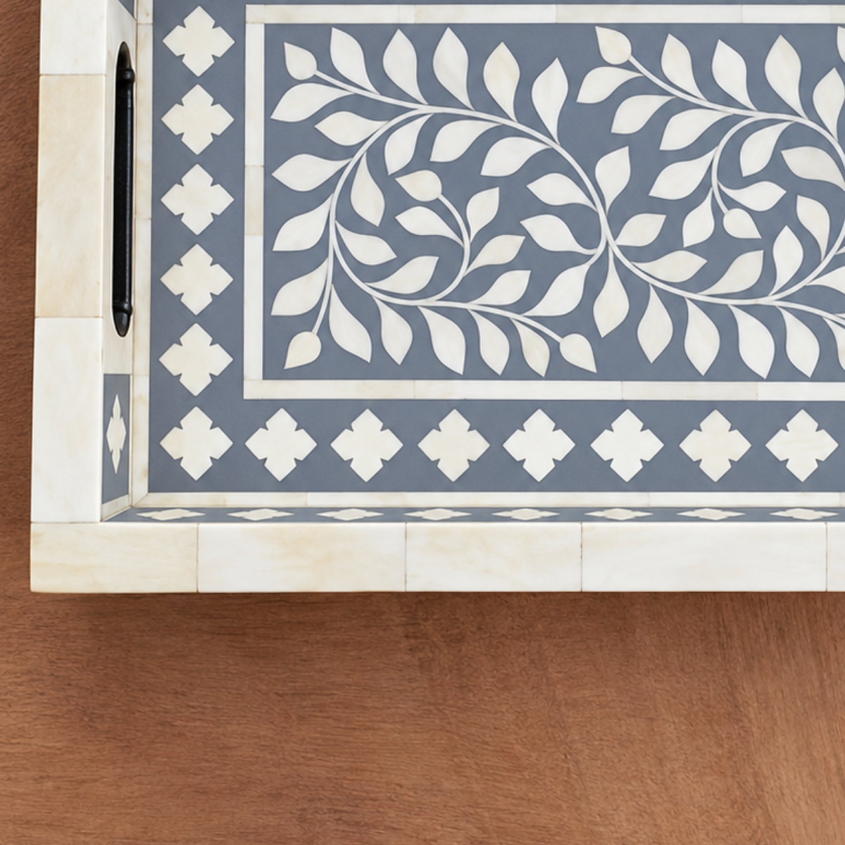 Handmade Grey Bone Inlay Serving Tray – Floral Leaf Design with Handles