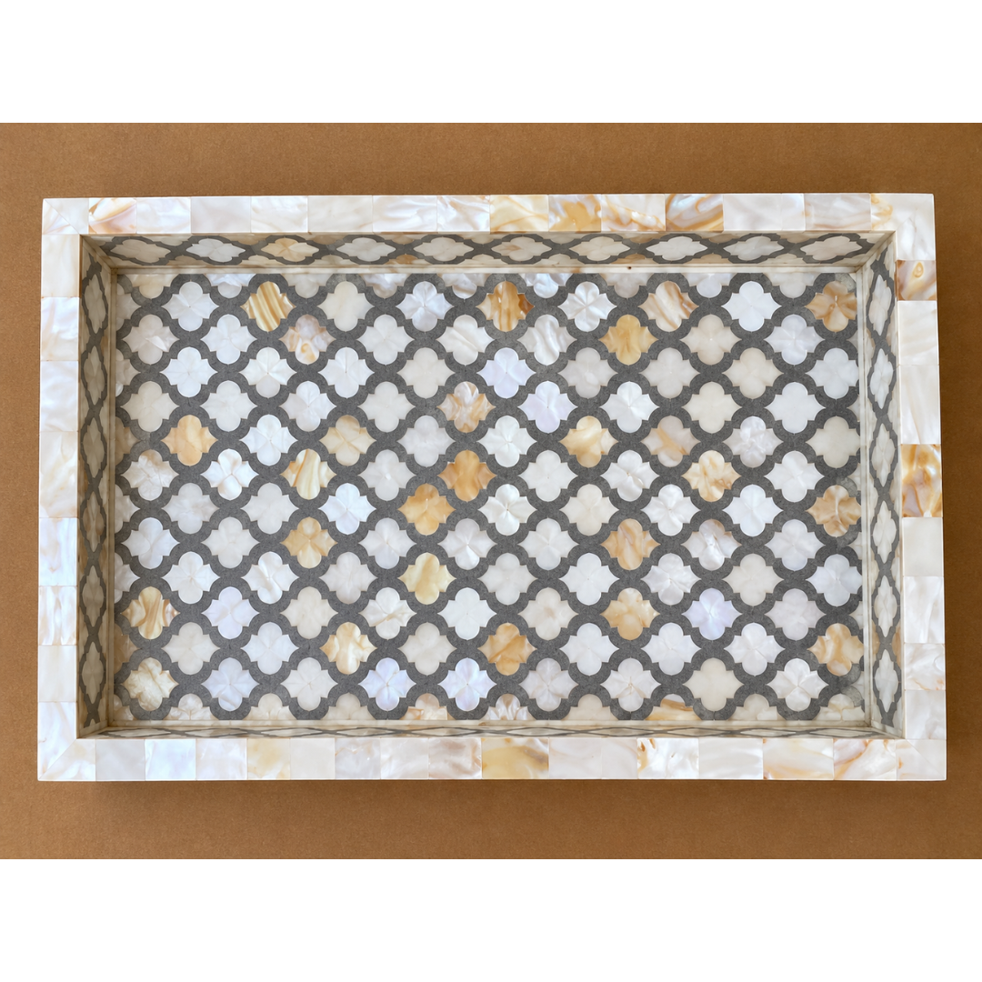 Grey Mother of Pearl Inlay Serving Tray – Handmade Geometric Rectangular Decorative Tray