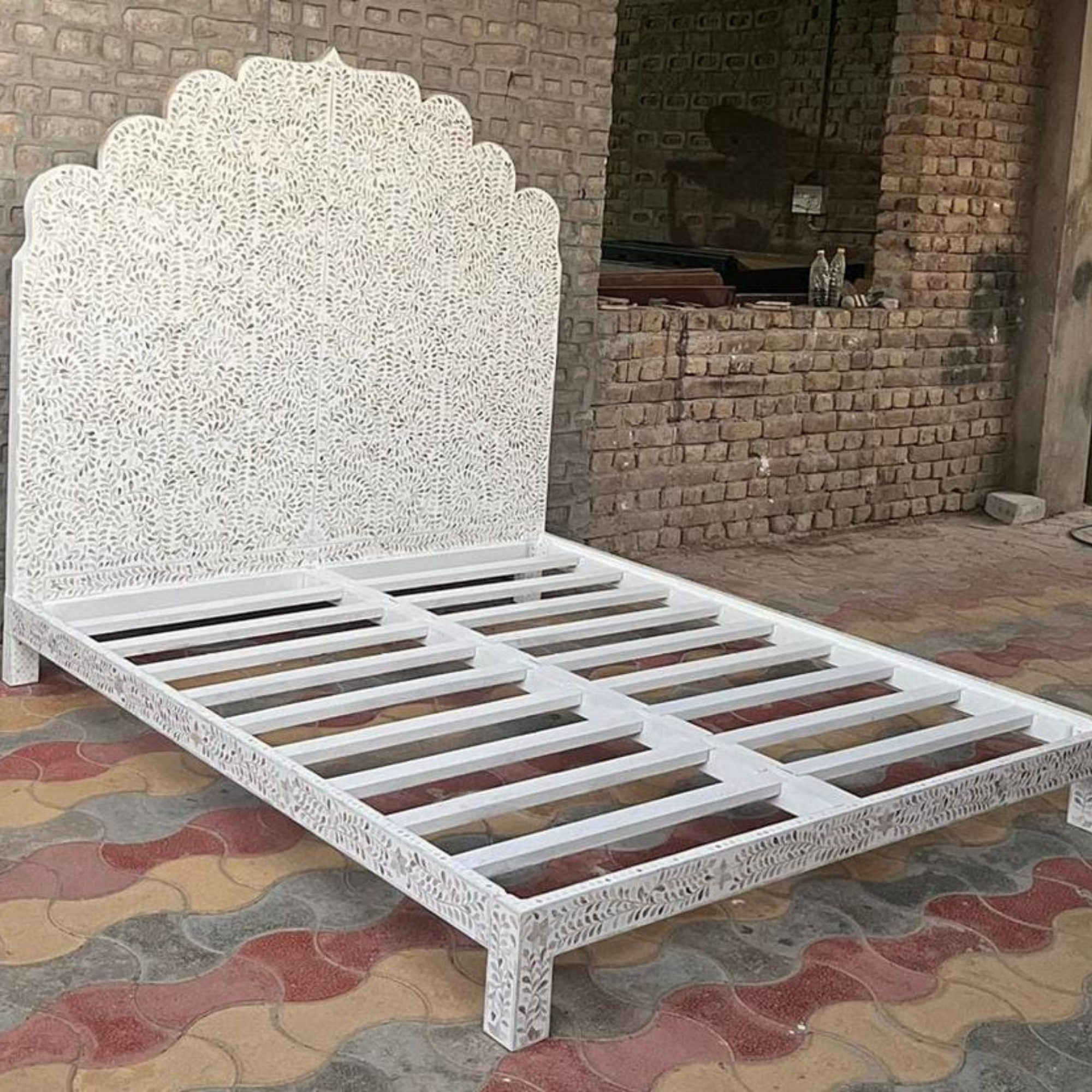 White Mother of Pearl Inlay Bed Frame | Handmade Luxury Floral Bed