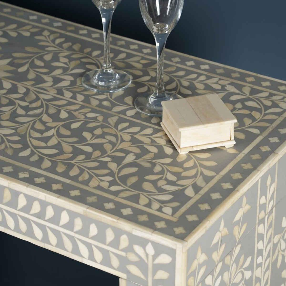 Handmade Grey Bone Inlay Console Table | Floral Pattern Accent Console