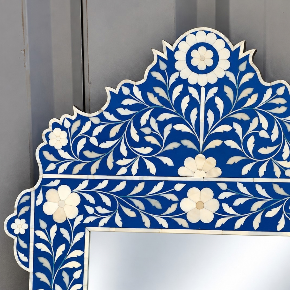 Handmade Blue Bone Inlay Mirror – Ornate Floral Rectangular Wall Mirror