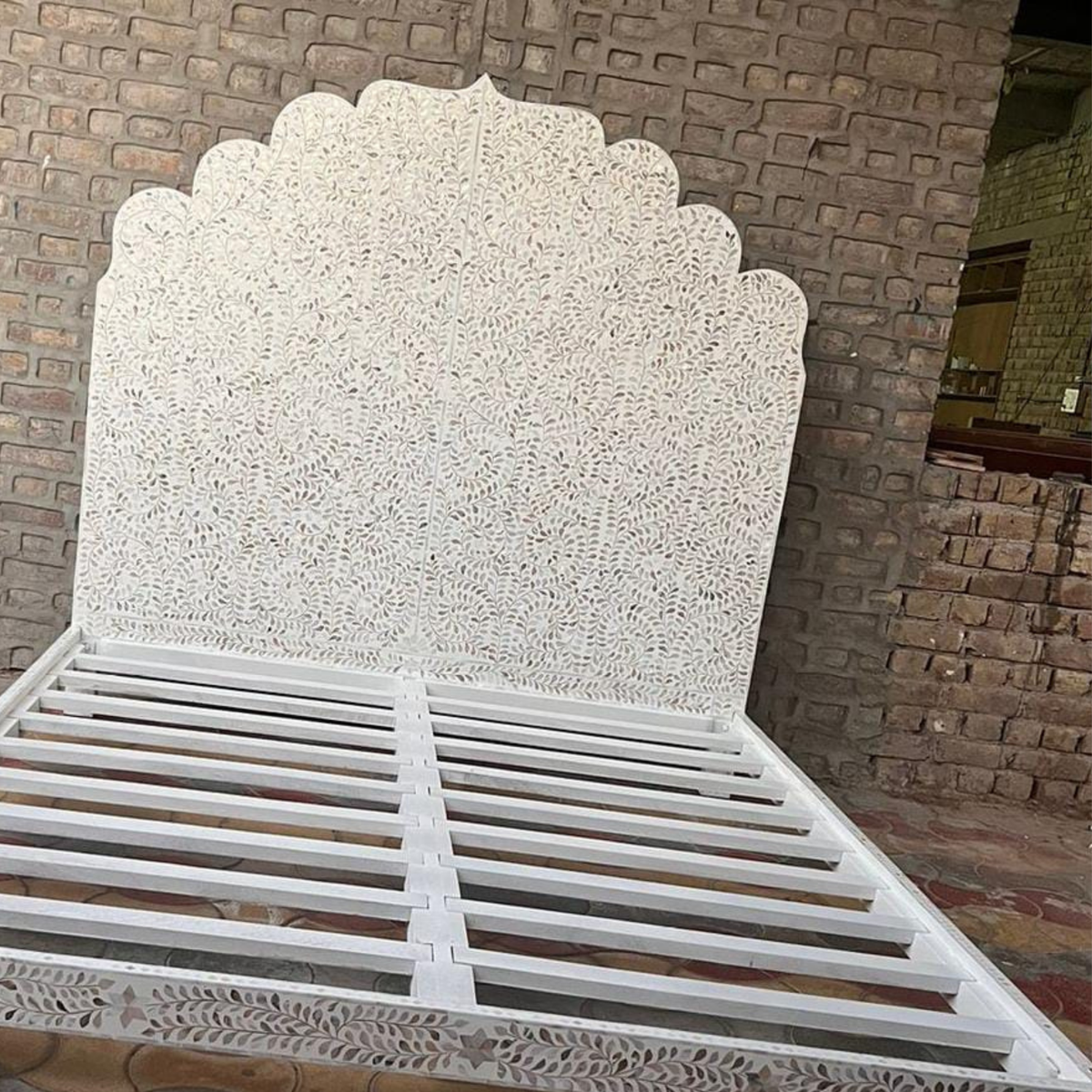 Handmade White Mother of Pearl Inlay Bed – Floral Scalloped Platform Bed Frame