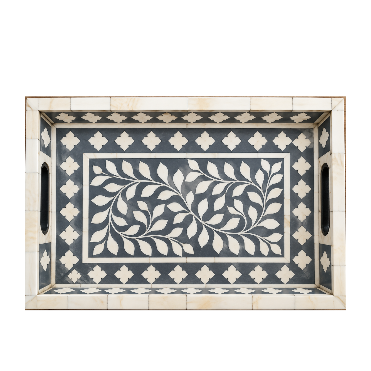 Handmade Grey Bone Inlay Serving Tray – Floral Leaf Design with Handles