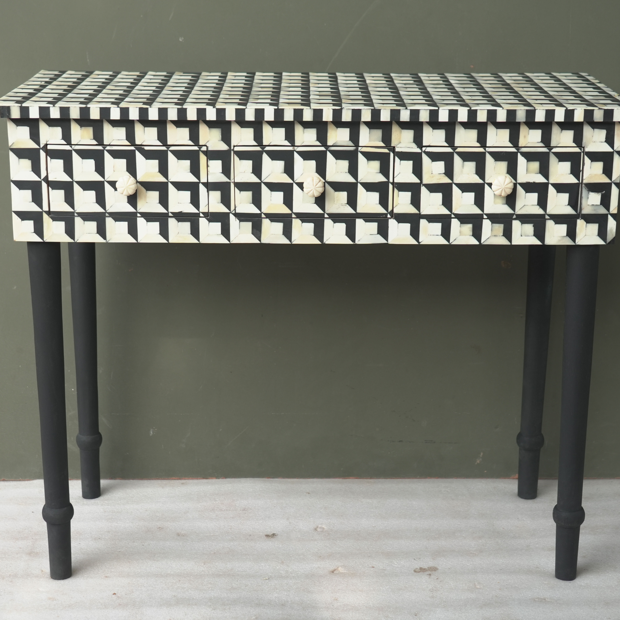 Handmade Black & White Bone Inlay Console Table with 3 Drawers