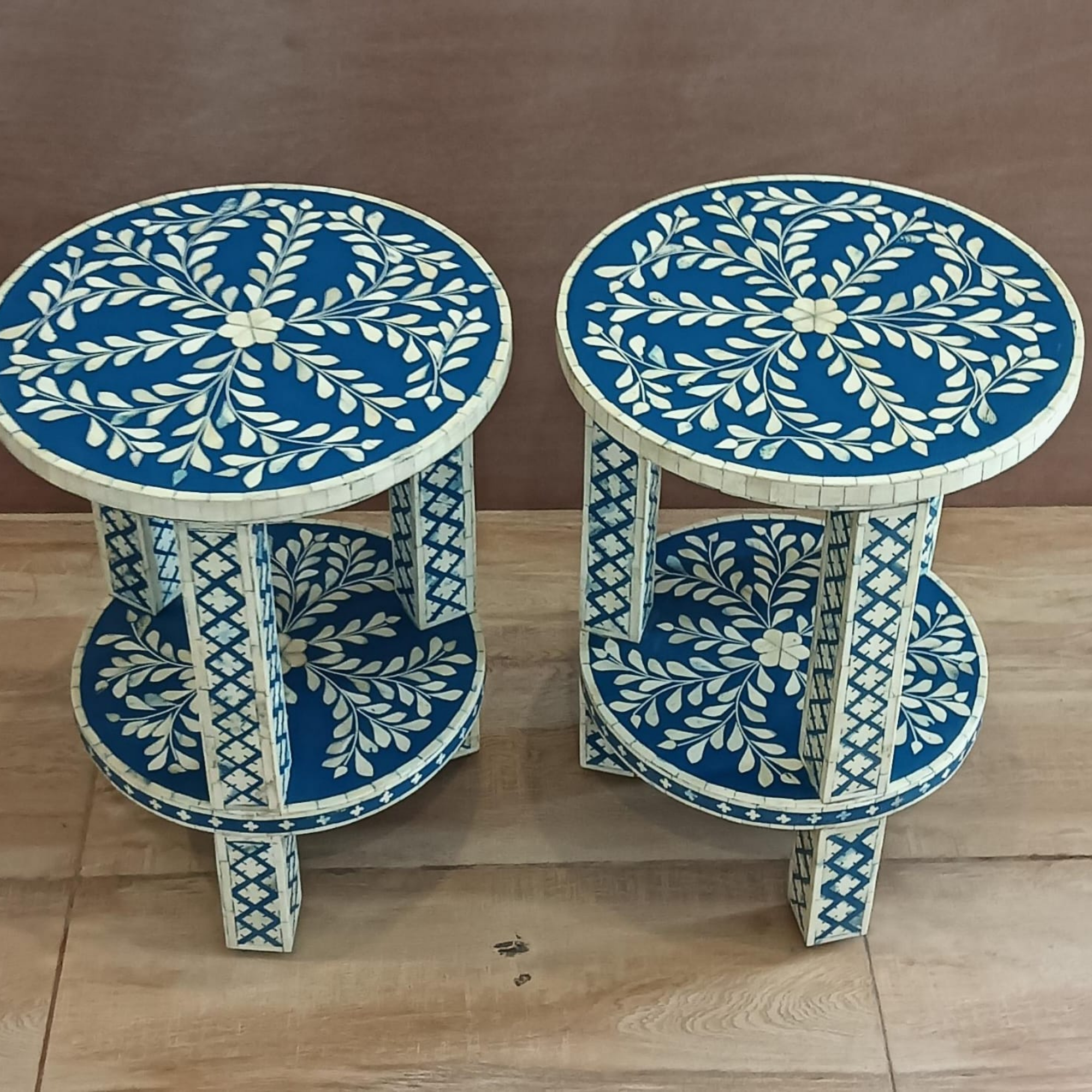 Blue Bone Inlay Round End Table Set of 2 | Handmade Accent Side Tables