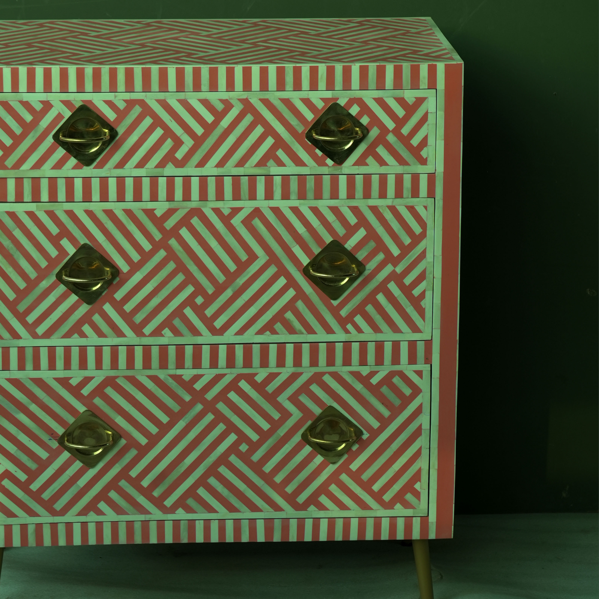 Handmade Bone Inlay Geometric Chest of Drawers Pink Coral – 3 Drawer Storage Cabinet Modern Luxury Furniture