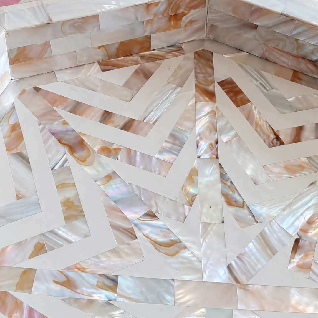 Handmade Mother of Pearl Inlay Octagonal Serving Tray – White Geometric Decorative Tray