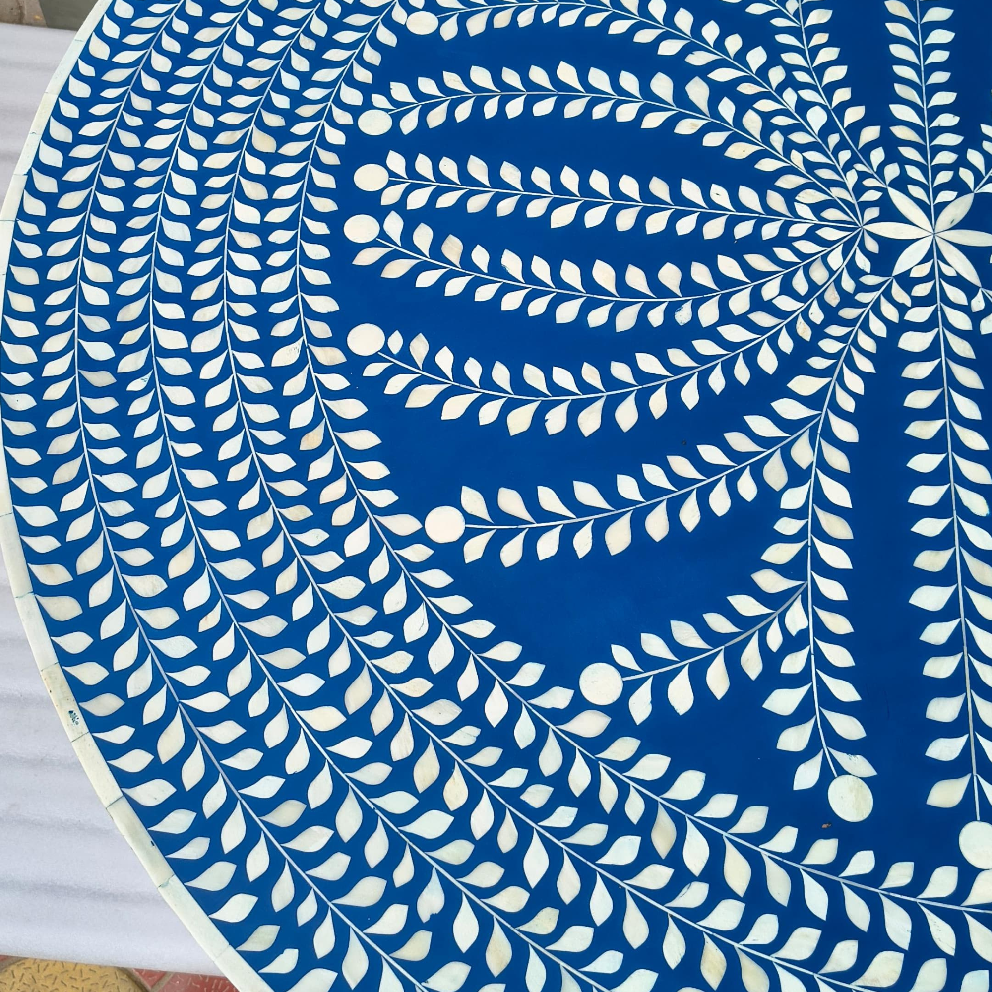 Handmade Bone Inlay Floral Dining Table – Blue Round Inlay Table, Luxury Resin Inlay Furniture, Artisan Crafted Dining Table