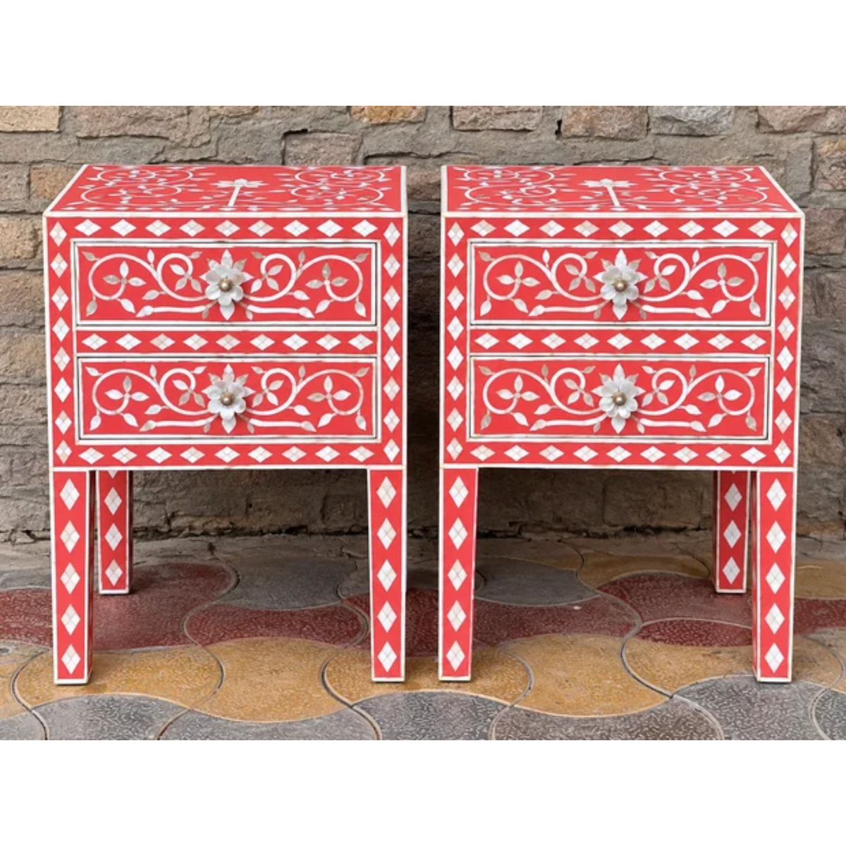 Set of 2 Coral Red Mother of Pearl Inlay Bedside Tables – Handmade Floral 2 Drawer Nightstands