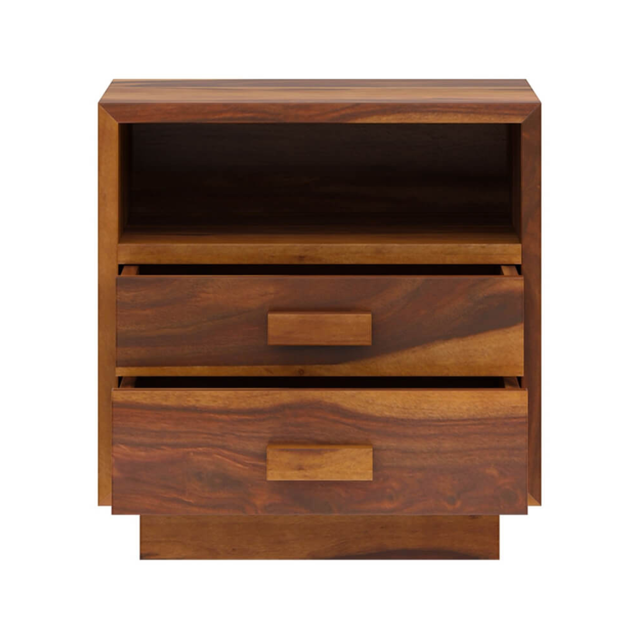 Modern Solid Wood Bedside Table with 2 Drawers & Open Shelf | Rustic Handmade Wooden Nightstand for Bedroom & Living Room