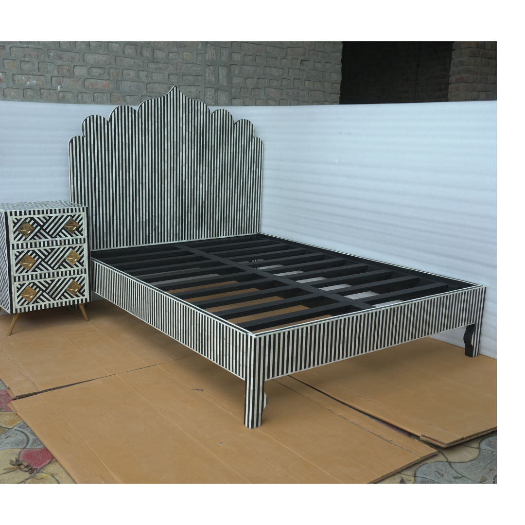 Black White Stripe Bone Inlay Bed Scalloped Headboard Handmade Modern Luxury Bed Frame Platform Bed Custom Size Furniture