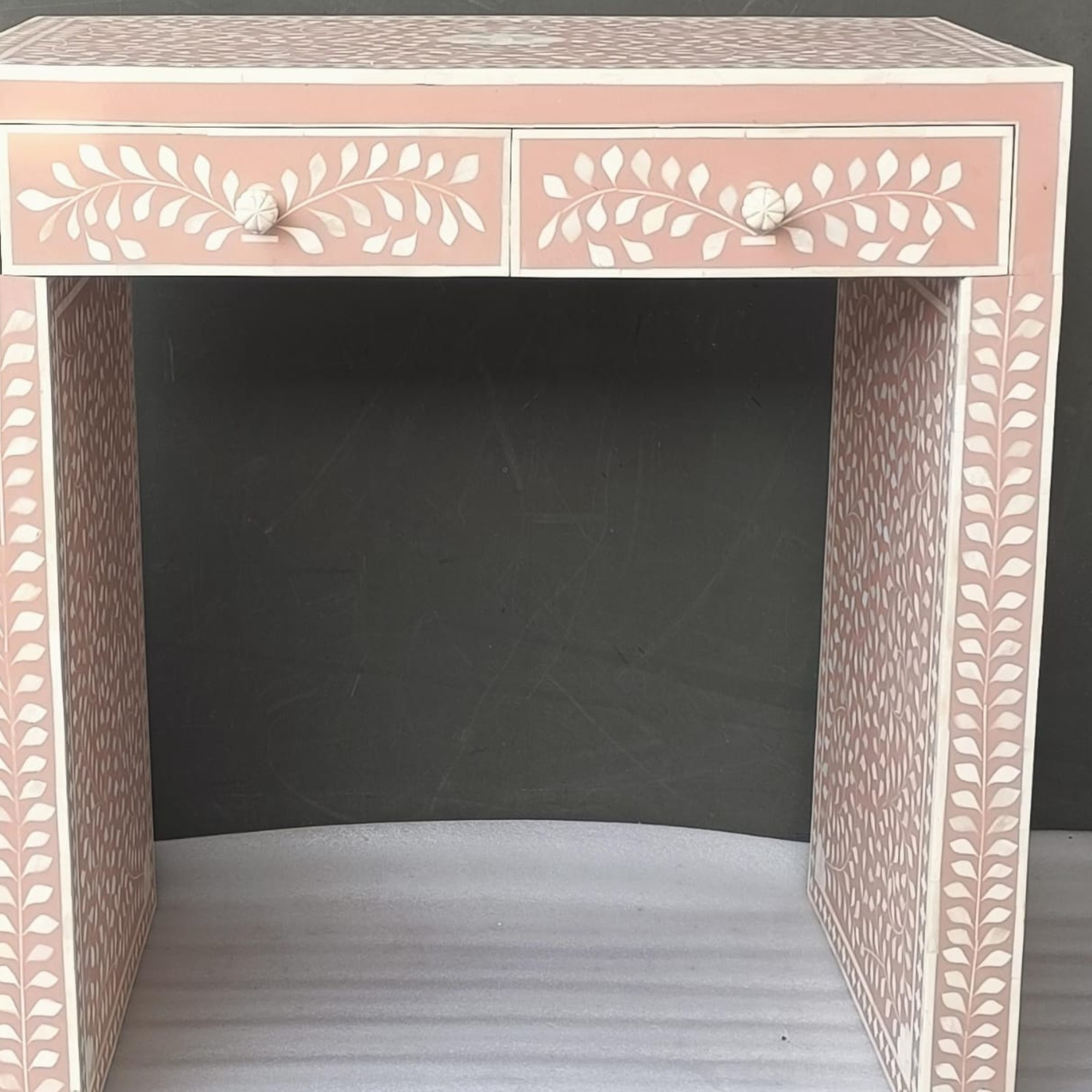 Handmade Bone Inlay Floral Console Table – Peach White Entryway Table, Luxury Hallway Table, Artisan Inlay Furniture