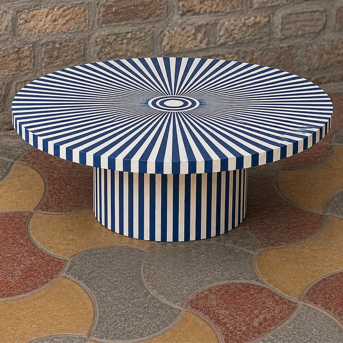 Blue & White Striped Bone Inlay Coffee Table – Handmade Round Center Table