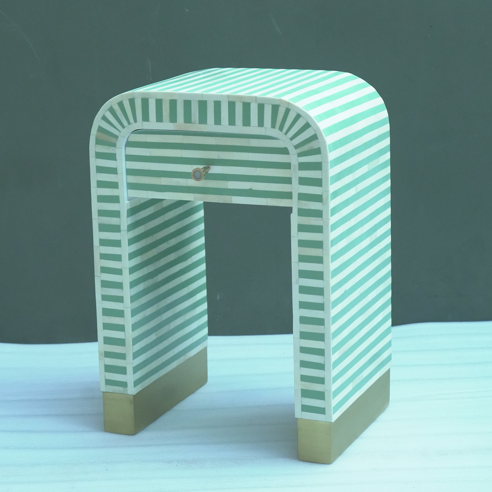 Handmade Bone Inlay Striped Bedside Table Mint Green – Modern Nightstand with Drawer Luxury Furniture
