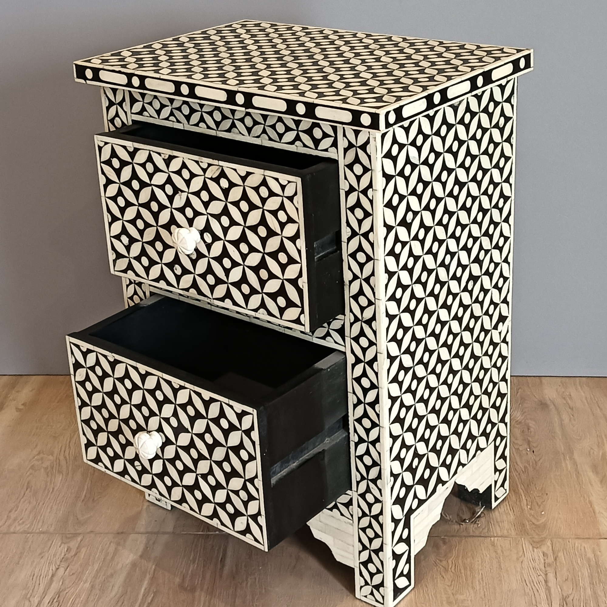 Handmade Bone Inlay Bedside Table with 2 Drawers – Black White Geometric Nightstand, Modern Inlay Furniture, Luxury Bedroom Side Table