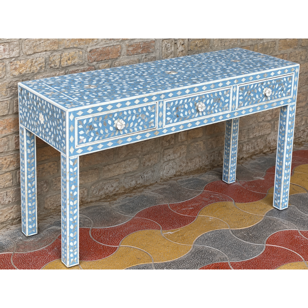 Blue Mother of Pearl Inlay Console Table with 3 Drawers – Handmade Floral Entryway Table