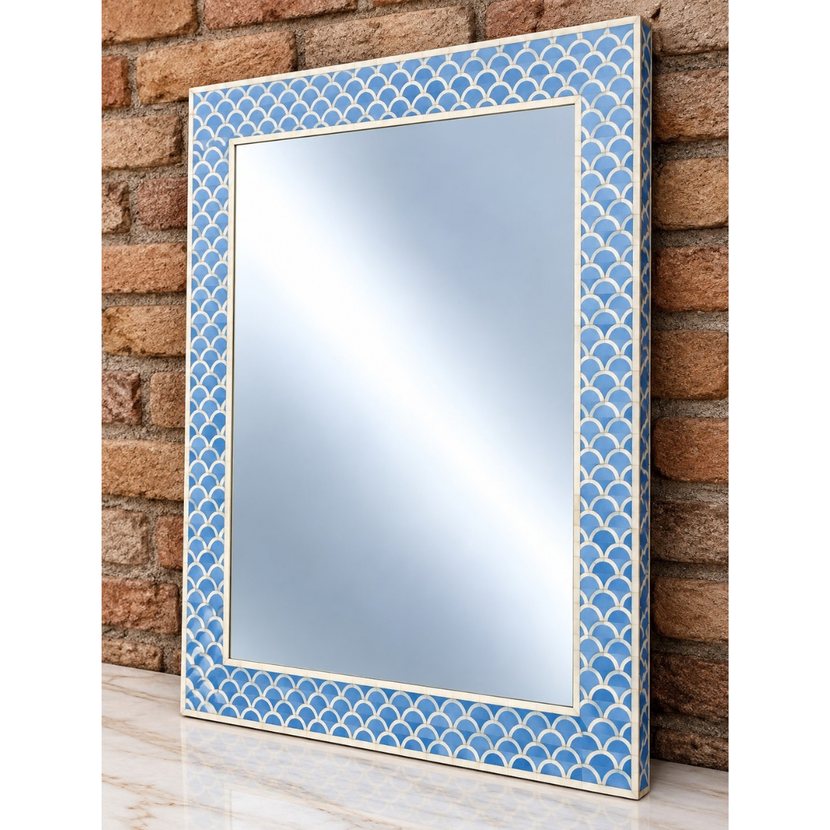 Handmade Light Blue Bone Inlay Rectangular Mirror – Scallop Pattern