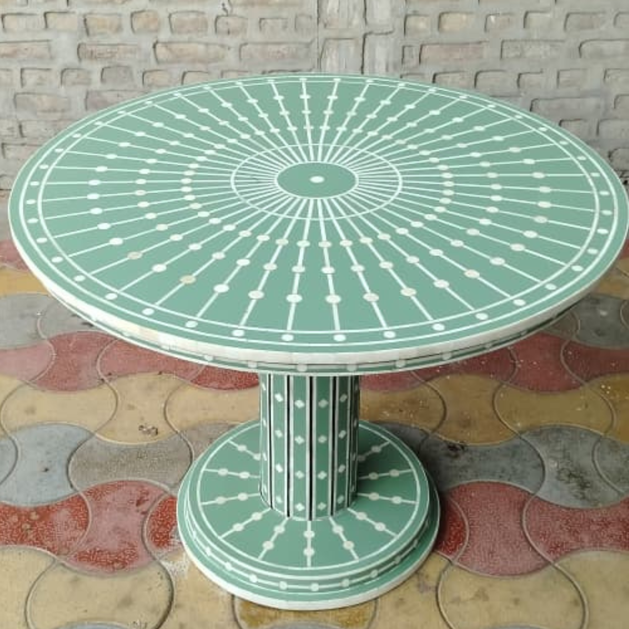 Bone Inlay Dining Table Handmade Luxury Dining Table Geometric Floral Inlay Table Wooden Dining Furniture Boho Chic Home