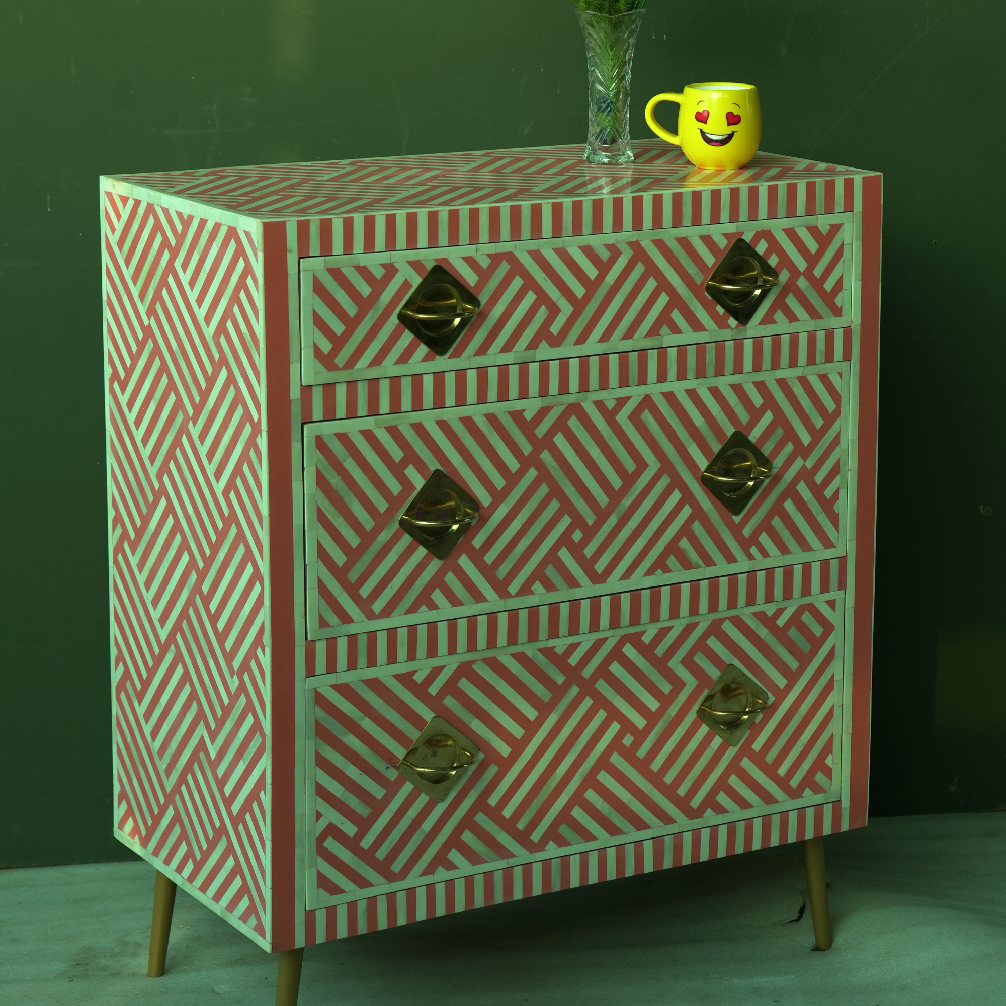 Handmade Pink Bone Inlay Chest of Drawers | Geometric 3 Drawer Dresser