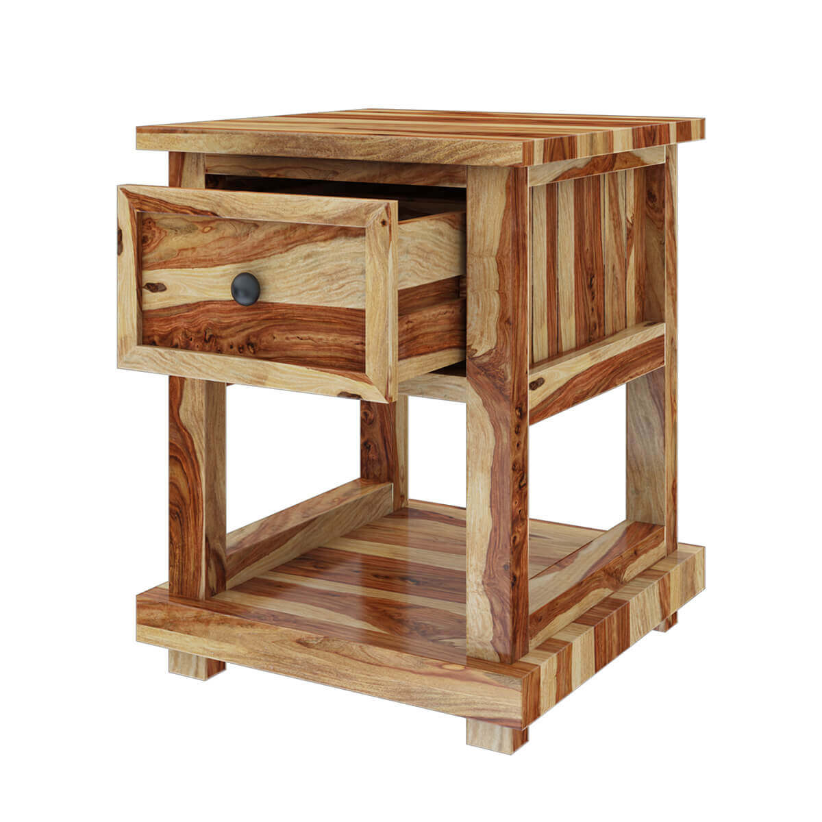 Solid Wood Bedside Table with Drawer & Open Shelf | Rustic Natural Wood Nightstand | Modern Bedroom Side Table