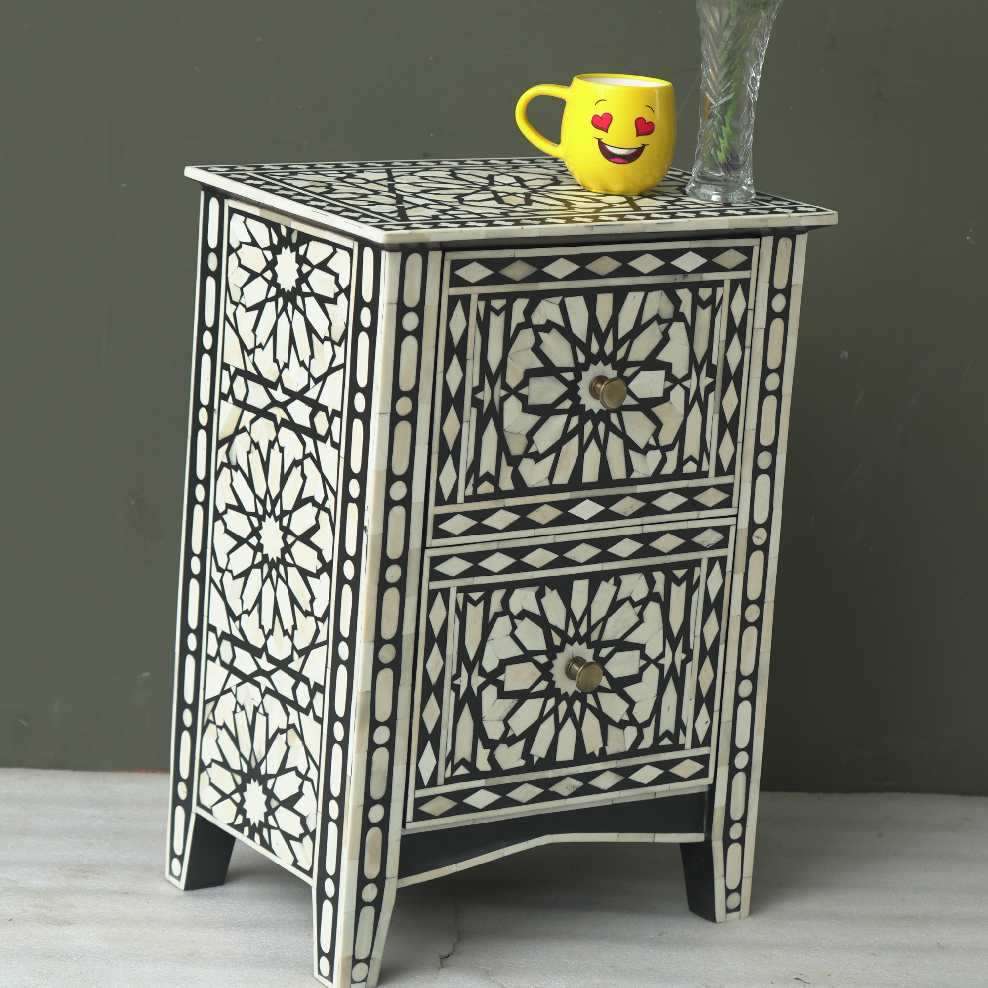 Handmade Bone Inlay Geometric Bedside Table Black White – 2 Drawer Luxury Nightstand Furniture