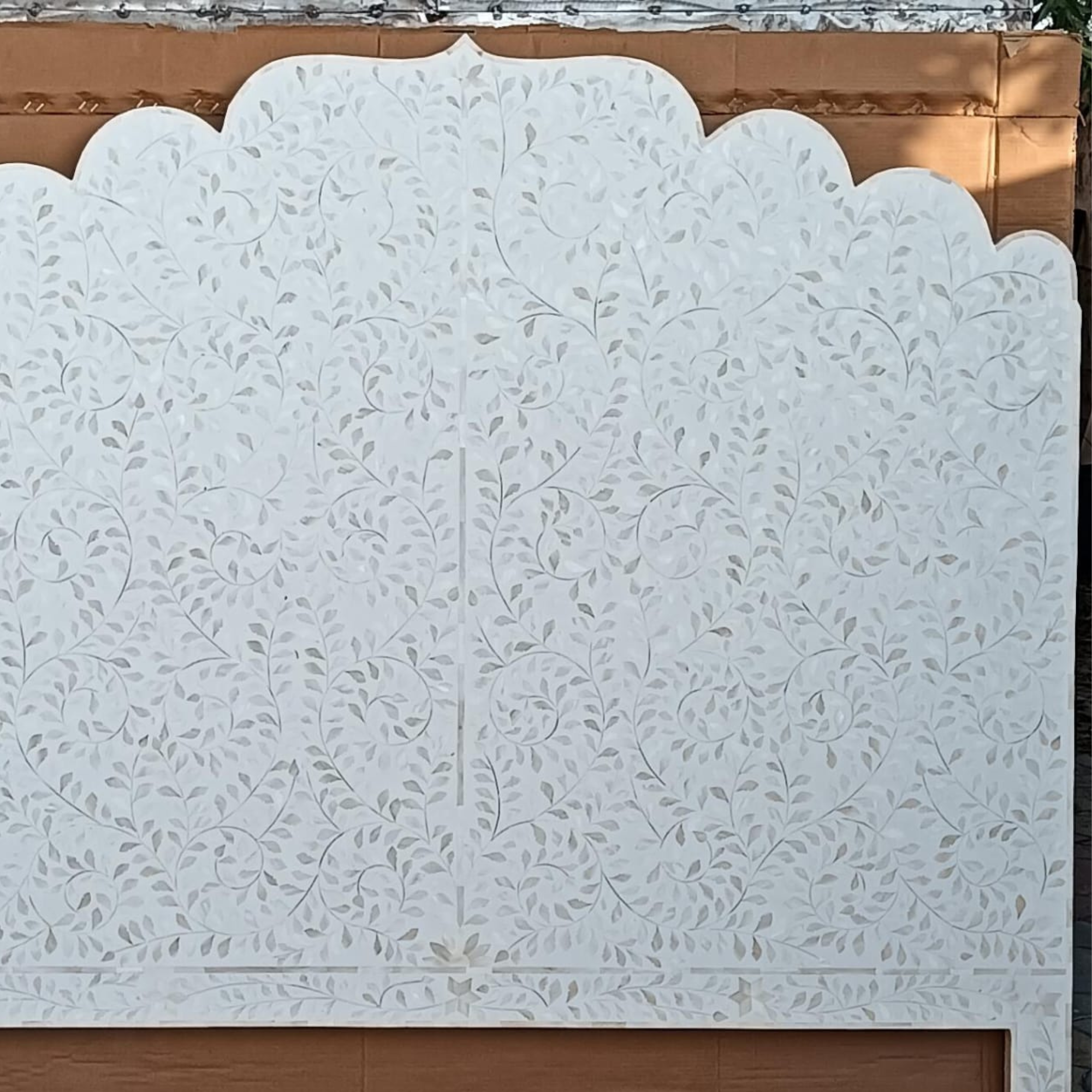 White Floral Bone Inlay Headboard – Handmade Scalloped Luxury Bedhead