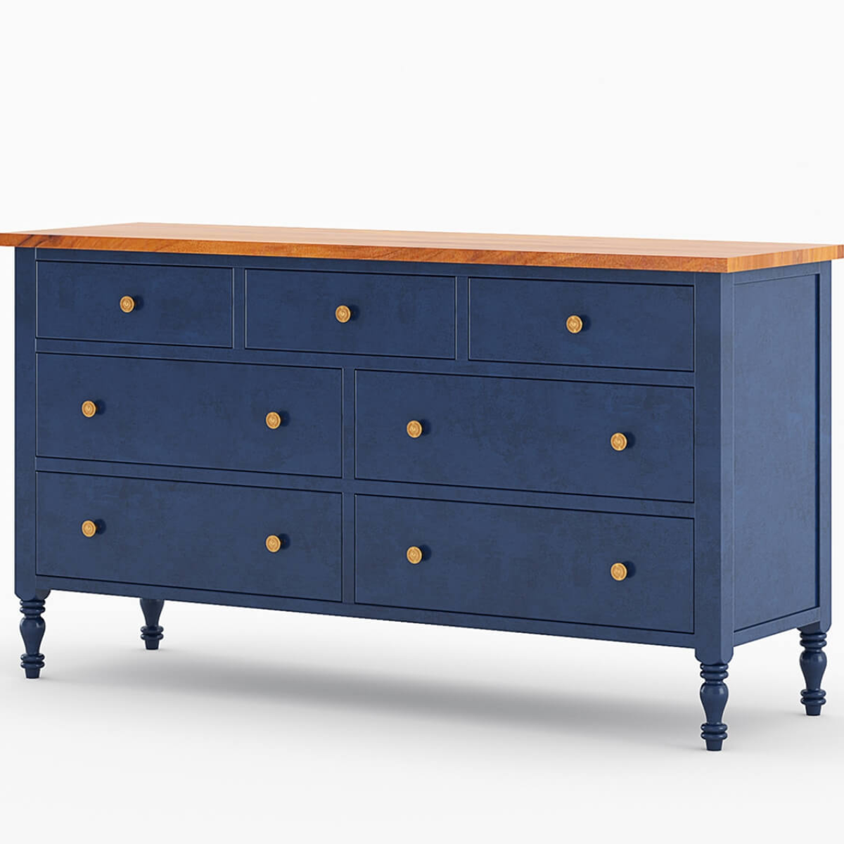 Blue Solid Wood 7 Drawer Dresser, Handmade Wooden Sideboard, Two Tone Storage Cabinet, Luxury Bedroom Furniture, Modern Classic Console