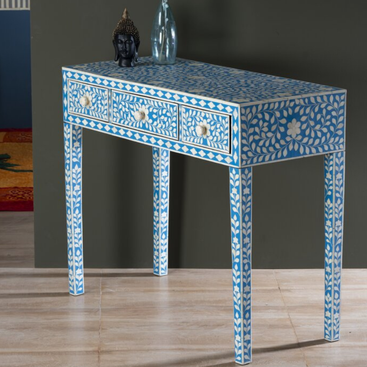 Blue Bone Inlay Console Table with 3 Drawers | Handmade Floral Entryway Console