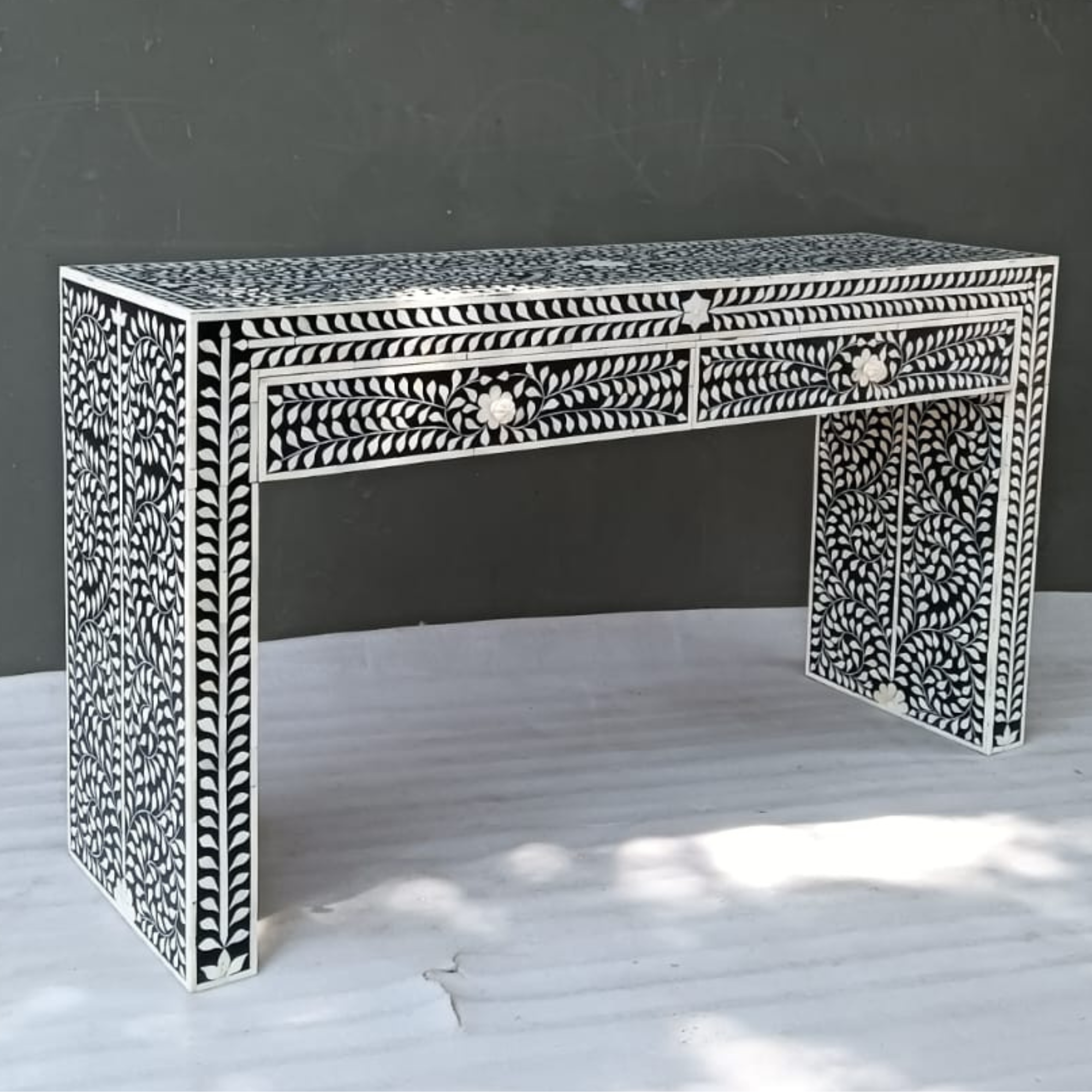 Handmade Bone Inlay Floral Console Table – Black White Entryway Table with Drawers, Luxury Hallway Furniture