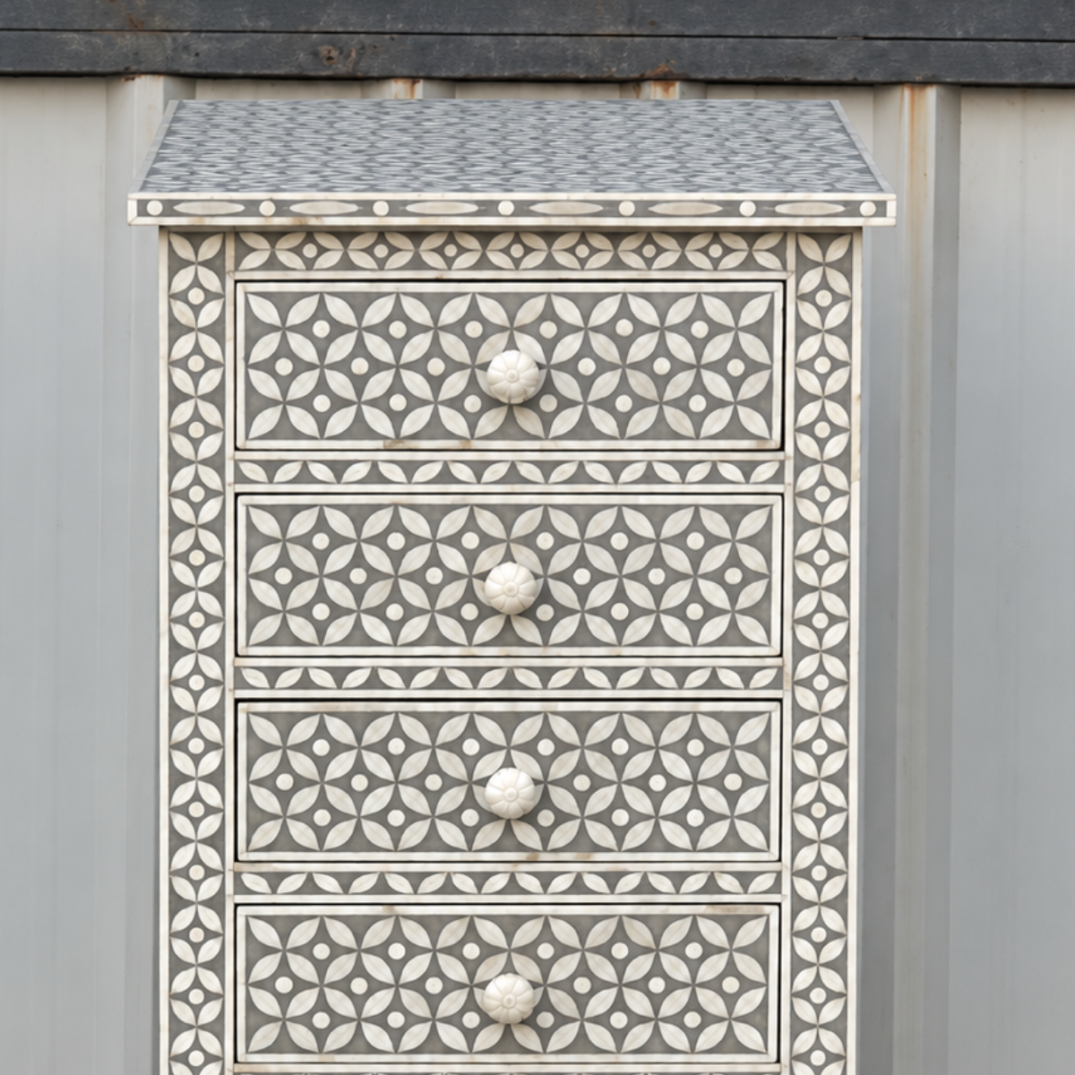 Handmade Grey Bone Inlay 6 Drawer Tallboy Chest – Geometric Design