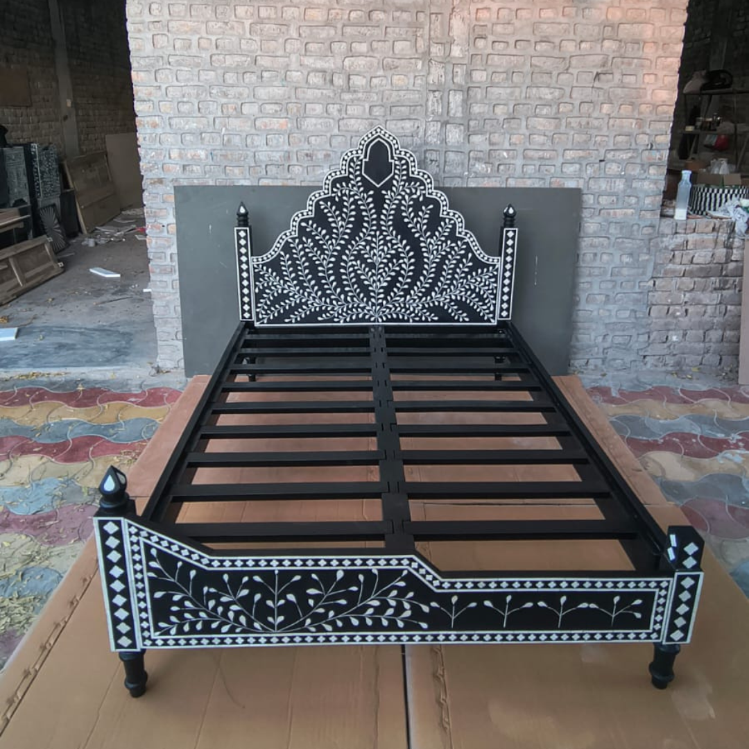 Black Bone Inlay Bed Frame Floral Handmade Luxury Bed King Queen Size Wooden Bed Frame Boho Chic Bedroom Furniture