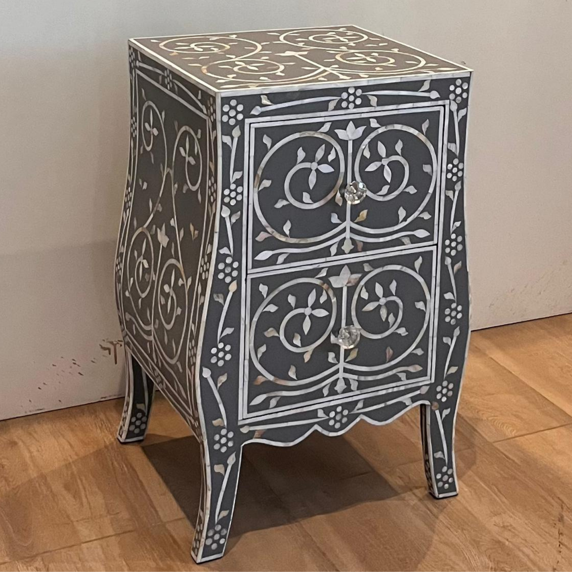 Handmade Black Mother of Pearl Inlay 2 Drawer Bedside Table