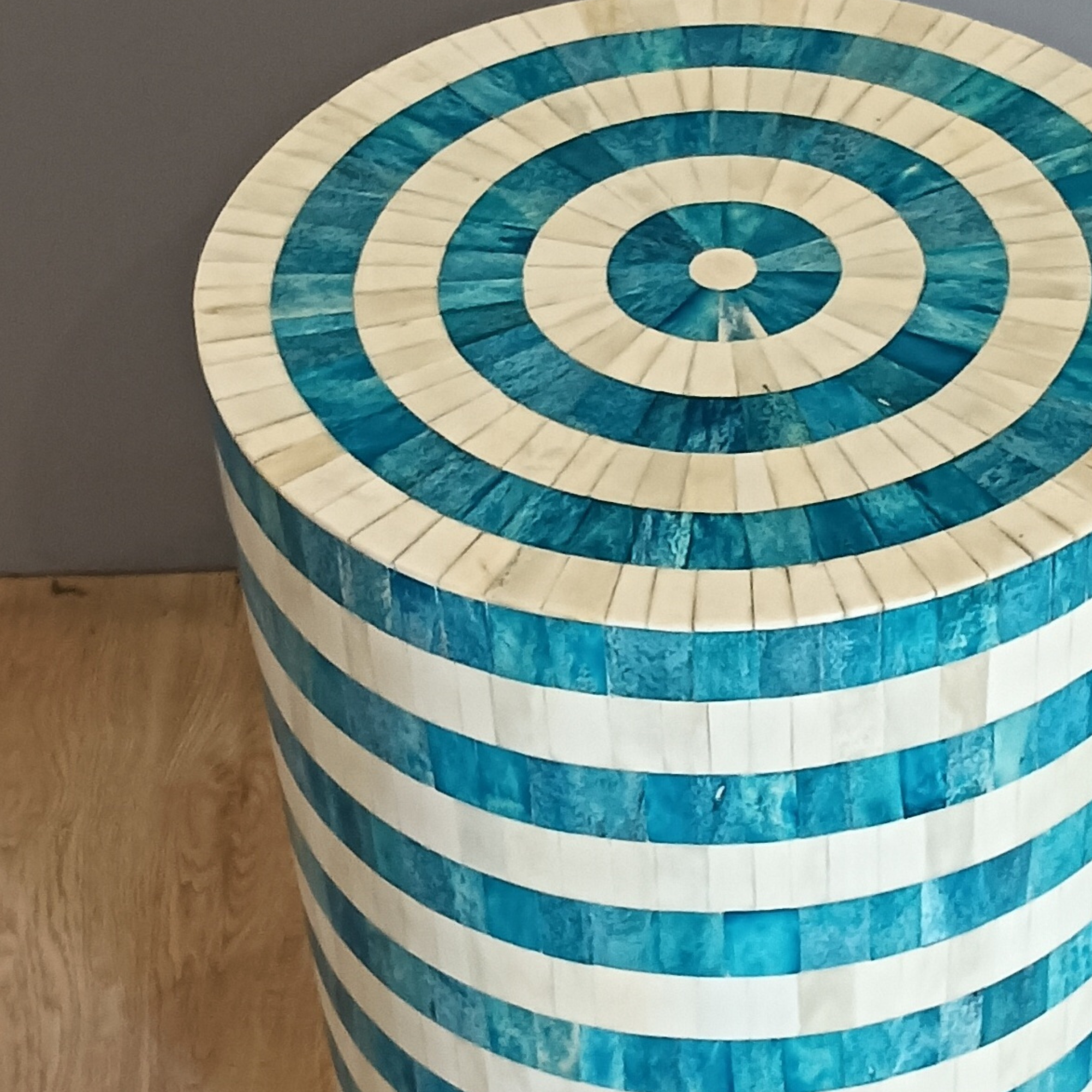 Handmade Bone Inlay End Table – Blue White Striped Side Table, Round Accent Table, Luxury Inlay Furniture, Modern Living Room Decor