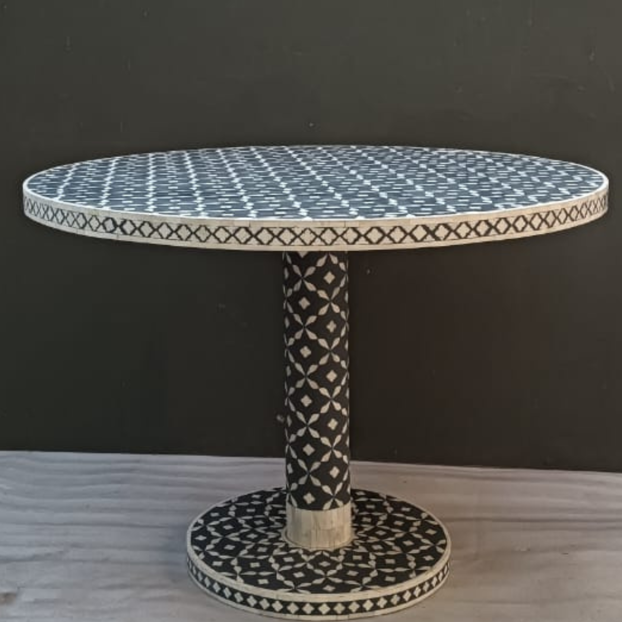 Handmade Bone Inlay Dining Table – Black White Geometric Round Table, Luxury Pedestal Dining Table, Artisan Inlay Furniture