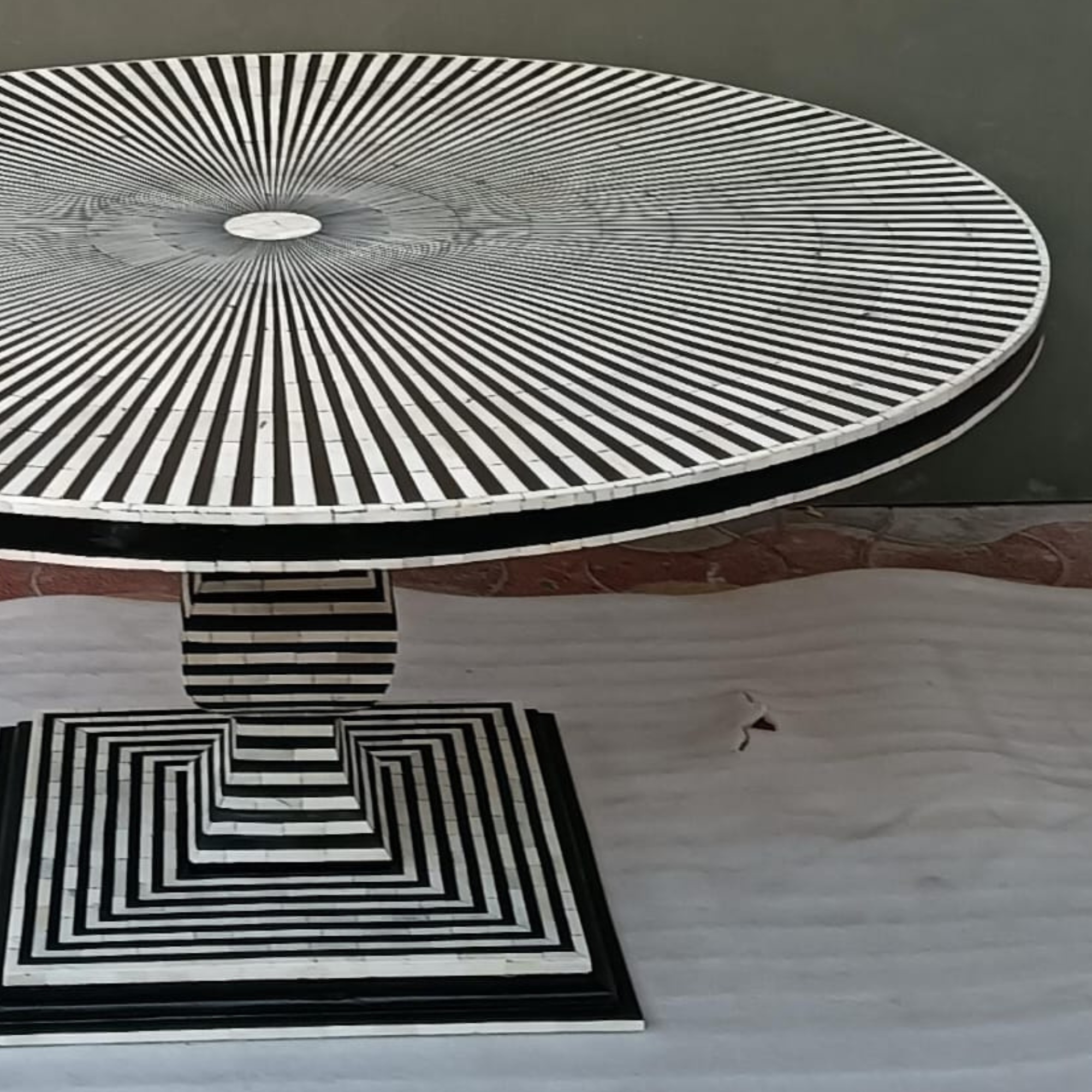 Handmade Bone Inlay Dining Table – Black White Stripe Round Dining Table, Modern Pedestal Table, Luxury Inlay Furniture