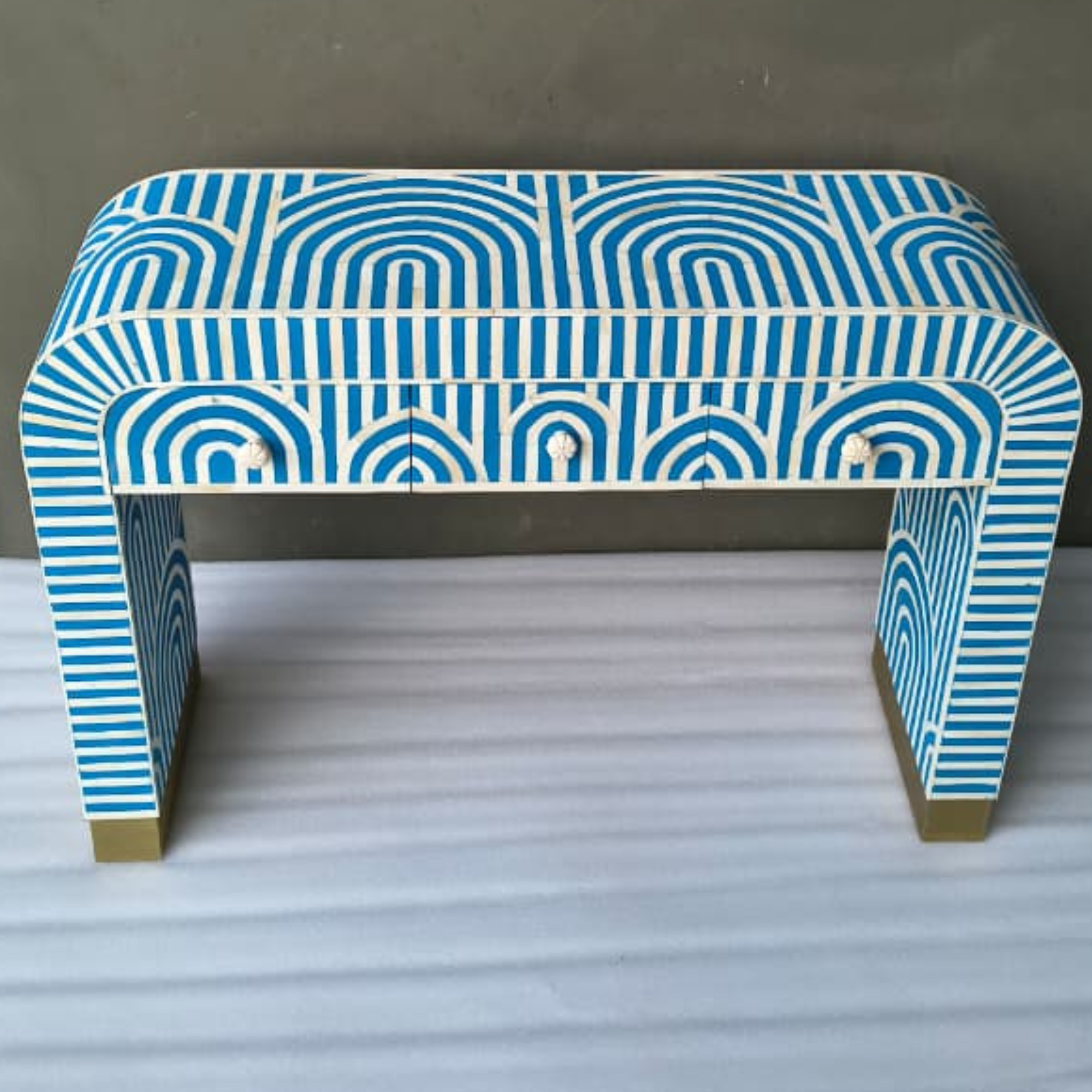 Handmade Bone Inlay 3 Drawer Console Table | Blue Striped Arch Design Entryway Table | Luxury Modern Hallway Furniture