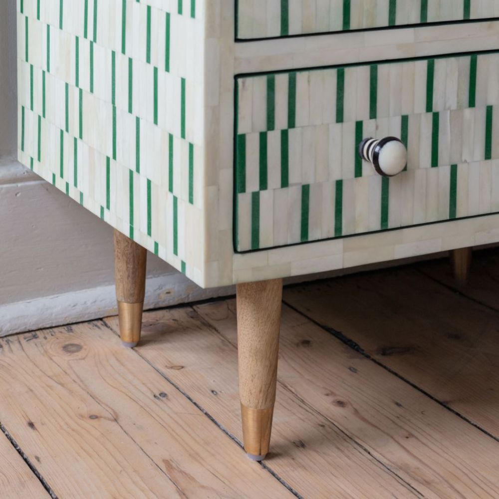 Handmade Bone Inlay Bedside Table Green Stripe Design 2 Drawer Nightstand Modern Wooden Furniture