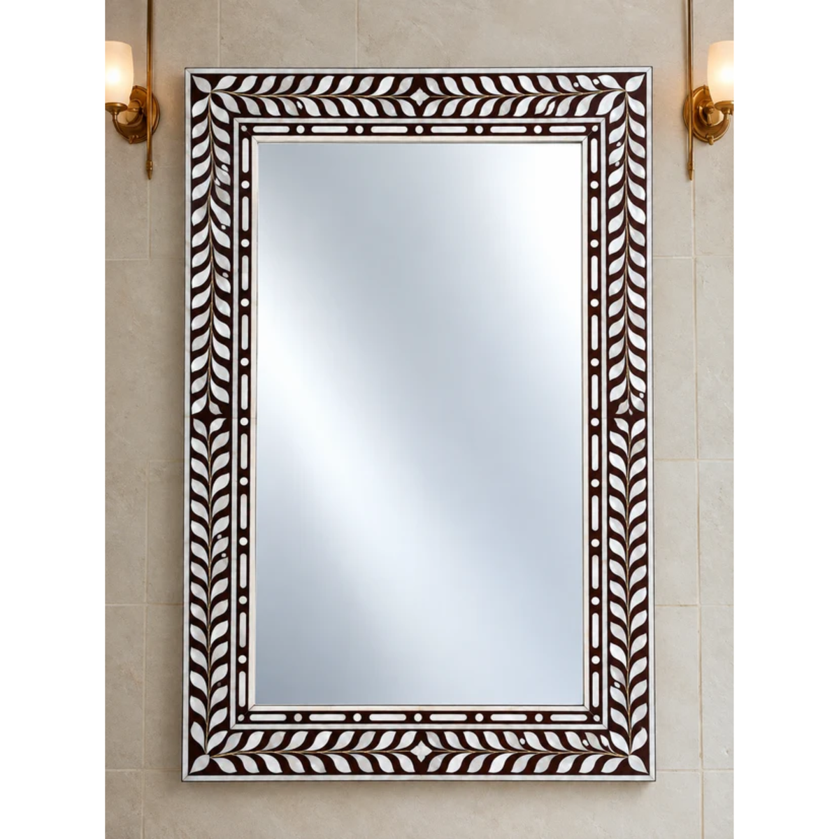 Mother of Pearl Inlay Mirror – Handmade Leaf Design Rectangular Wall Mirror