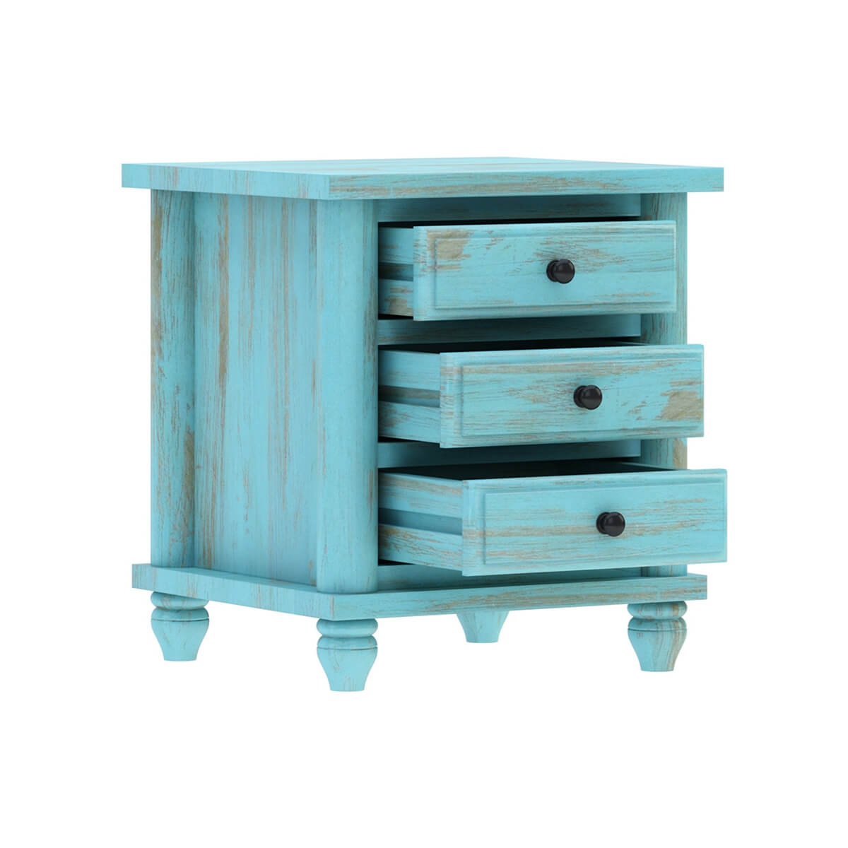 Distressed Turquoise Bedside Table with 3 Drawers | Vintage Wooden Nightstand | Rustic Farmhouse Side Table
