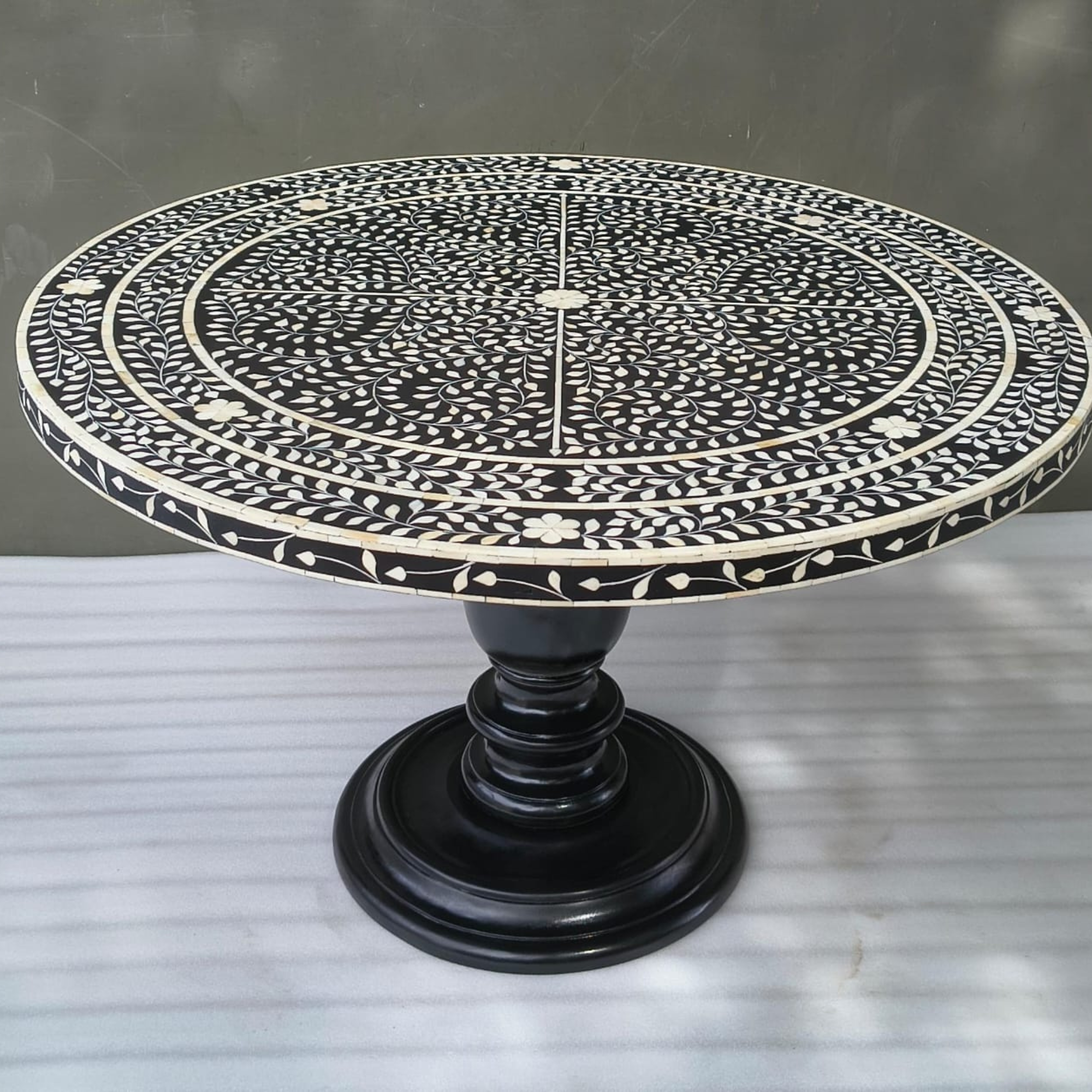 Handmade Bone Inlay Floral Dining Table – Black White Round Dining Table, Luxury Pedestal Table, Artisan Inlay Furniture