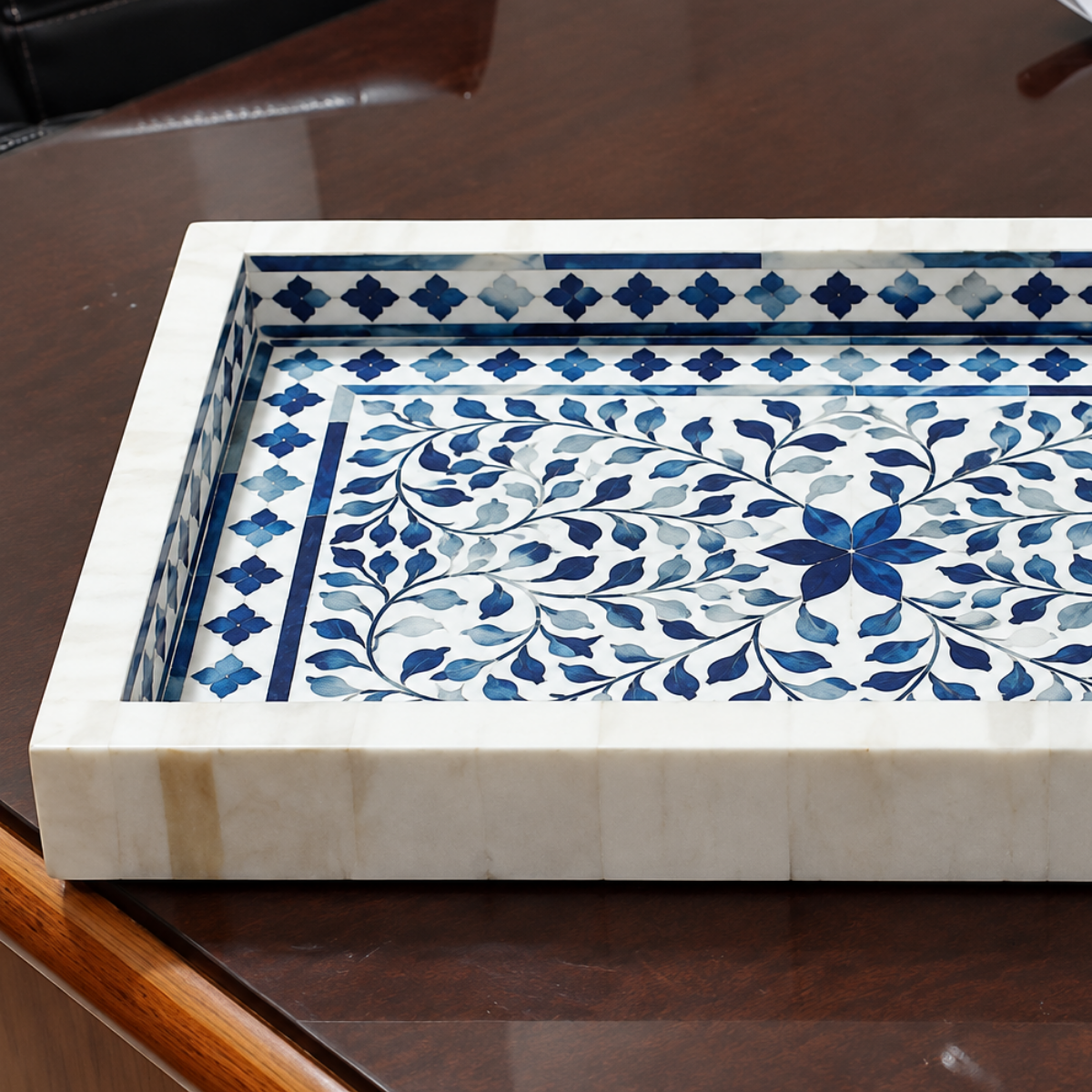Handmade Blue & White Bone Inlay Serving Tray – Floral Leaf Design
