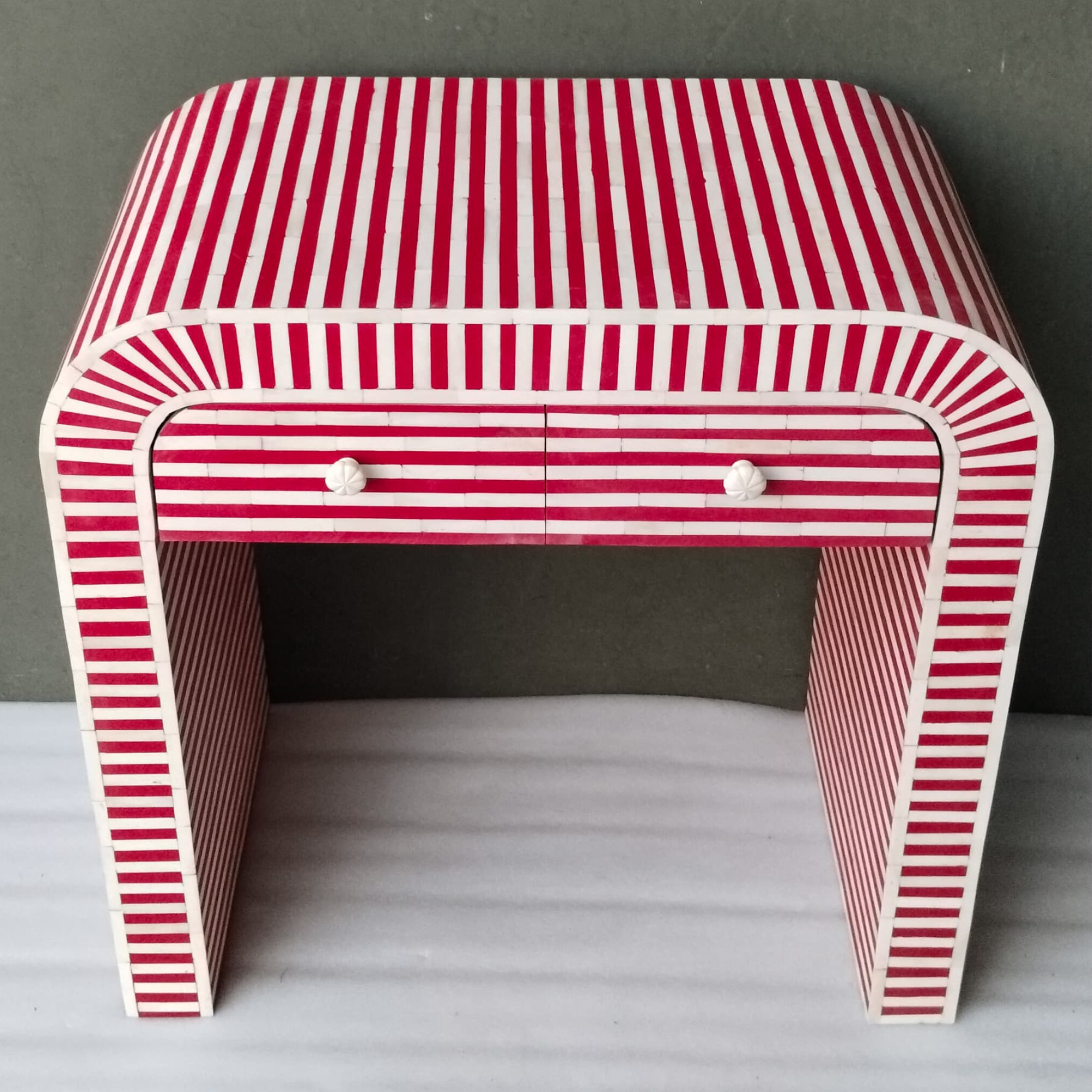 Handmade Bone Inlay Console Table – Red White Striped Entryway Table, Modern Hallway Table, Luxury Inlay Furniture