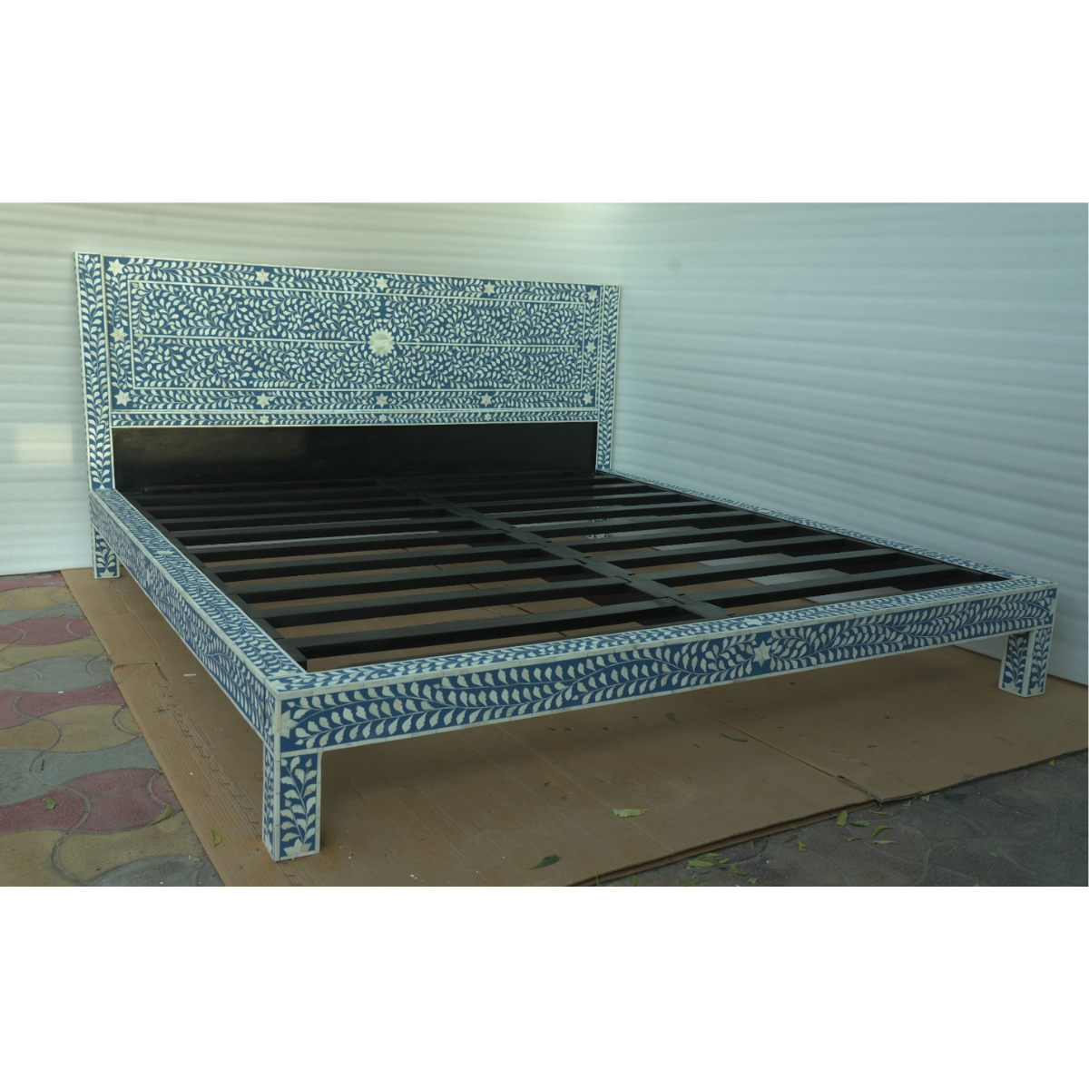 Handmade Blue & White Bone Inlay Bed – Floral Vine Platform Bed Frame