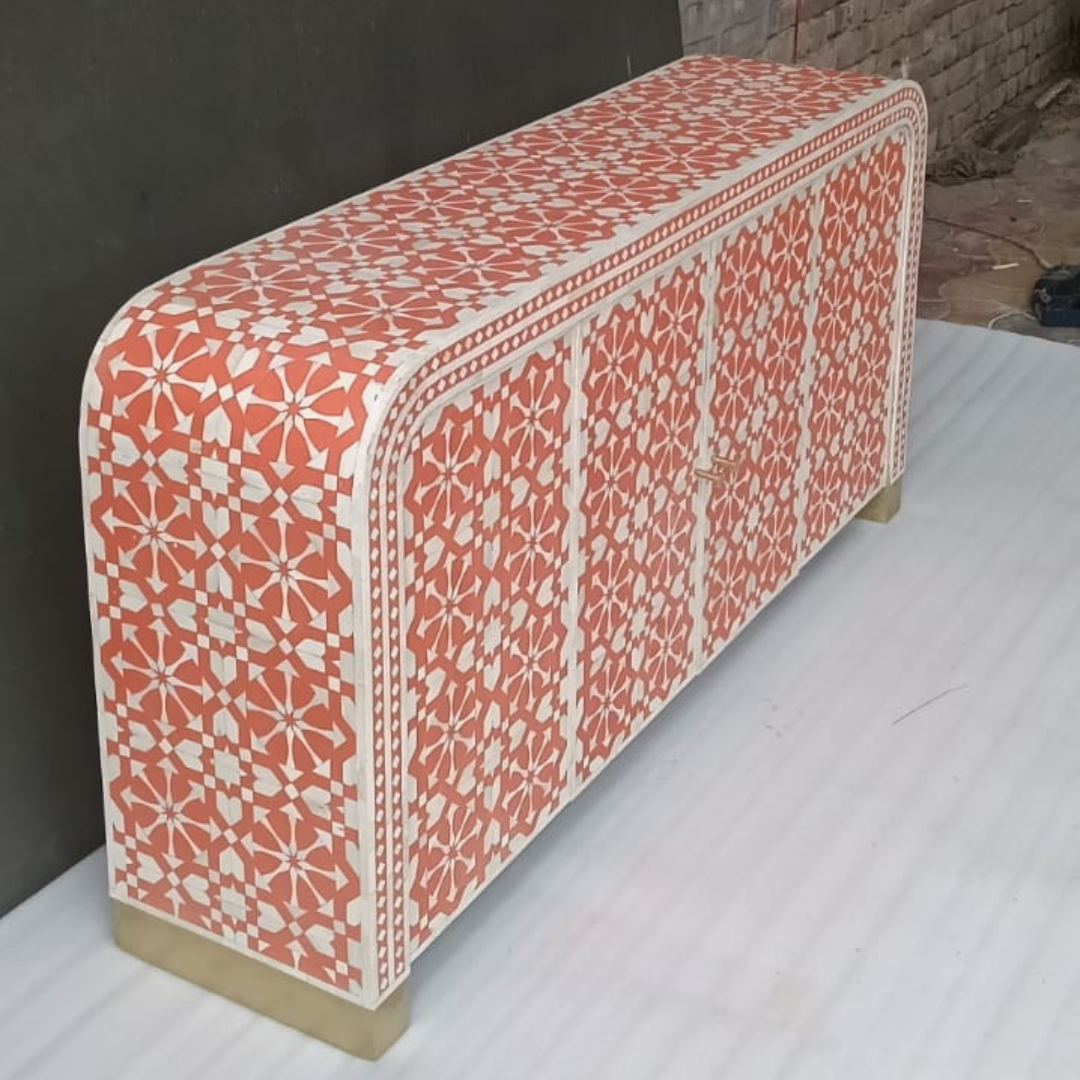 Handmade Bone Inlay Arrow Design Sideboard – Coral White Buffet Cabinet, Luxury Storage Credenza, Artisan Inlay Furniture
