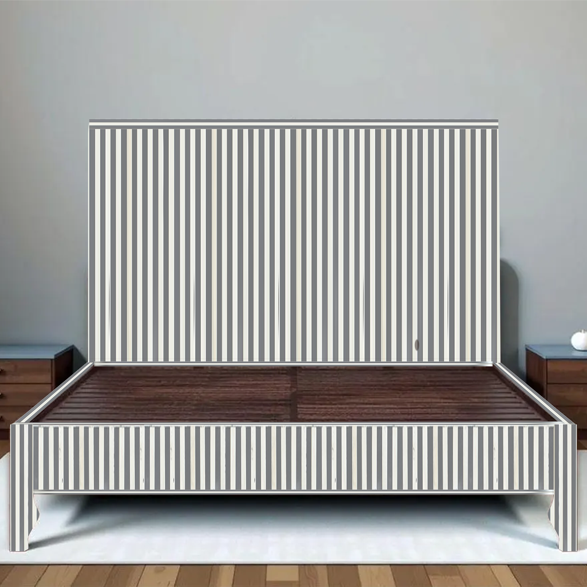 Black White Stripe Bone Inlay Bed Minimal Handmade Modern Platform Bed Frame